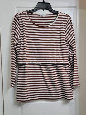 Cayte Brown & White Striped Long-Sleeve Nursing Tee